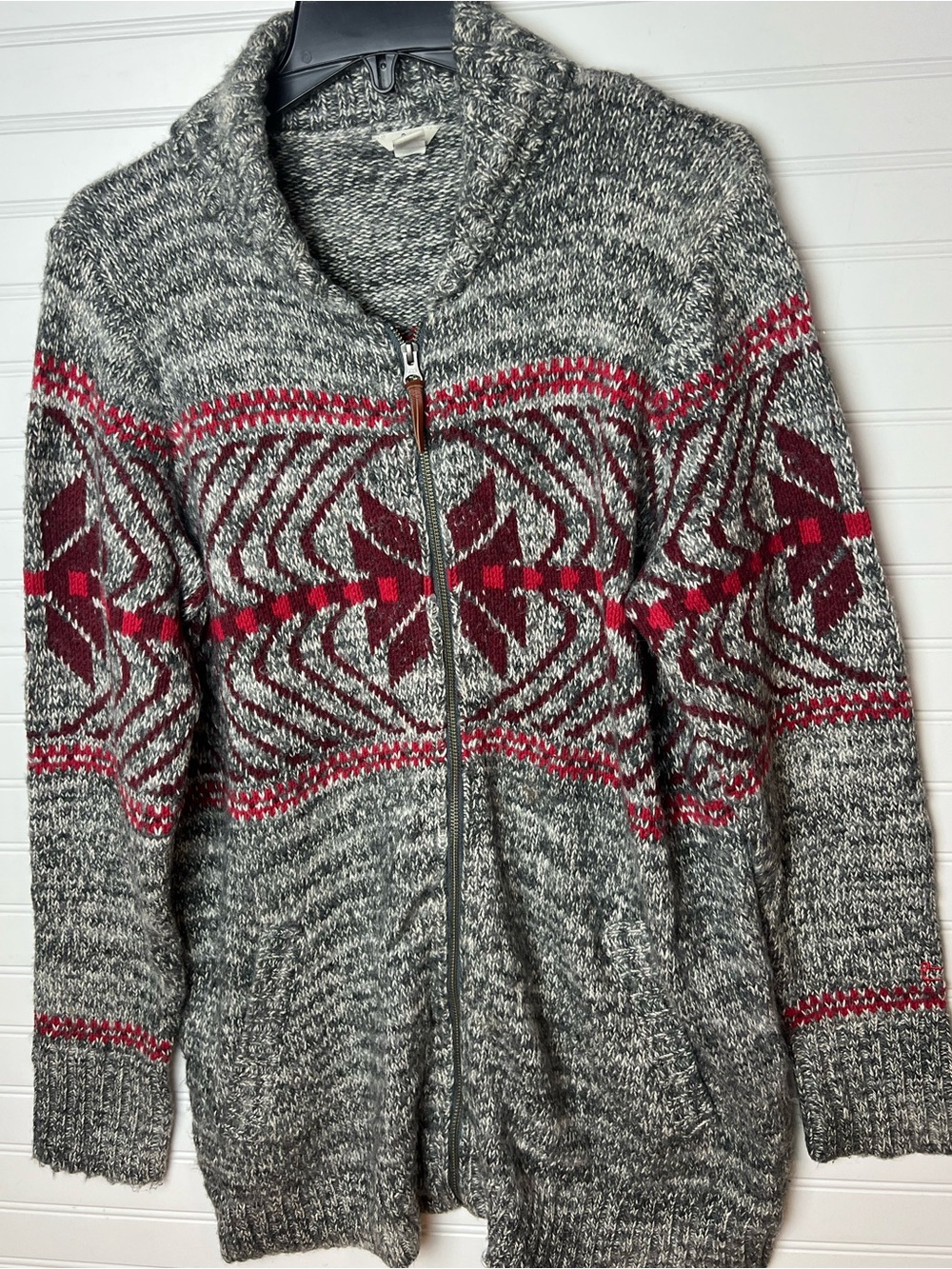 Woolrich Gray and Red Shawl Collar Zip Tunic Sweater Size L